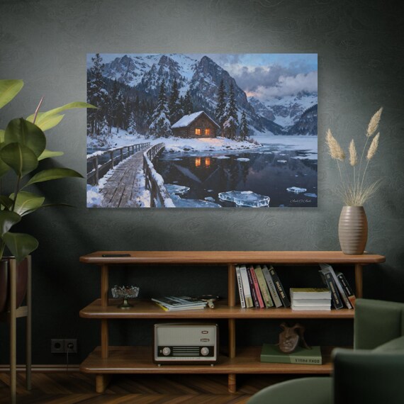 Winter Cabin Canvas Wall Art: Rustic Landscape Decor