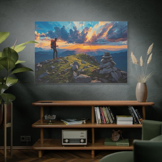 Mountain Hiker at Sunrise Canvas Print - Inspirational Summit Art - Adventure Landscape Painting - Trekking Gift - Man Cave & Office Decor
