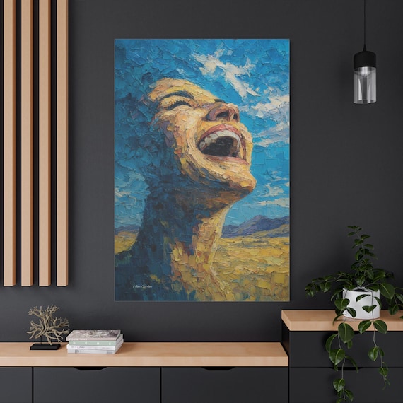 Joyful Laughter Canvas Print - Ecstatic Woman Portrait - Impasto Blue & Gold Art - Positive Energy Decor - Mental Health Gift.