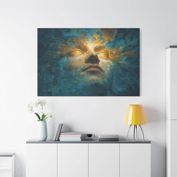 Spiritual Awakening Canvas Print - Teal and Gold Impasto Camvas - Surreal Mind Wall Decor - Ethereal Portrait - Zen