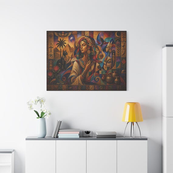 Egyptian Canvas Print - Geometric Mosaic Wall Art - Maximalist Boho Decor - Ancient Egypt Canvas - Impasto Cubist Portrait Print