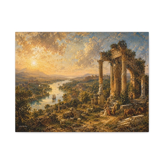 Classical Ruins Canvas Print - Pastoral Landscape Wall Art - Ancient Rome Canvas - Vintage Impasto Decor - Golden Hour History Fine Art