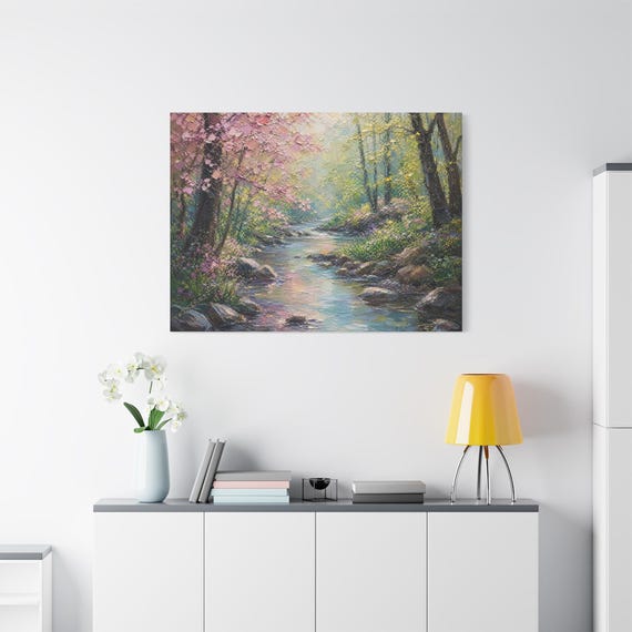 Serene River Canvas Print - Mountain Valley Wall Art - Heavy Impasto Landscape Print - Modern Cabin Decor - Majestic Nature Stream Canvas