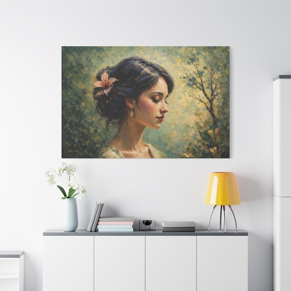Romantic Woman Portrait Canvas - Impressionist Female Wall Art - Vintage Cottagecore Decor - Flower in Hair Print - Pastel Room Decor