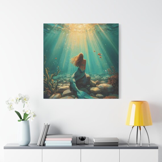 Mermaid Canvas Art, Underwater Decor, Ocean Theme Wall Art, Gift for Sea Lovers, Unique Home Decoration. Size 36"x36"