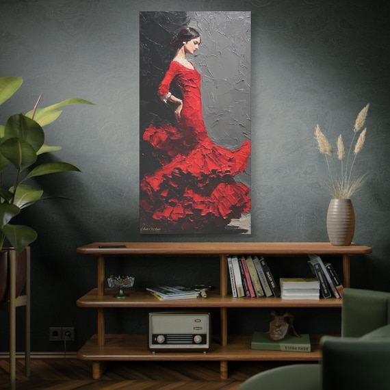 Lady in Red Dress Canvas Wall Art, Flamenco Art, Home Decor, Gift for Dancers, Spanish Dance Decor, Vibrant Art for Living Room