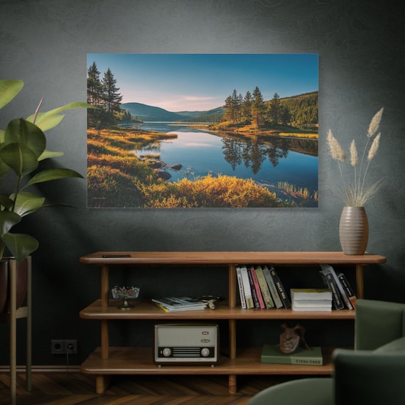 Serene River Landscape Canvas - Pine Tree Reflection Wall Art - Golden Hour Nature Print - Cabin Decor - Peaceful Lake Canvas - Forest