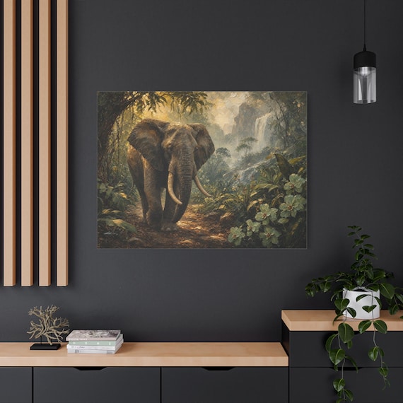 Majestic Elephant Canvas Print - Impasto Jungle Wall Art - Safari Home Decor - Tropical Wildlife Canvas - Waterfall Landscape Canvas
