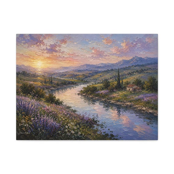 Tuscan Countryside Canvas Print - Serene River Landscape Wall Art - Impasto Floral Sunset Print - Cottagecore Decor - French Country Art