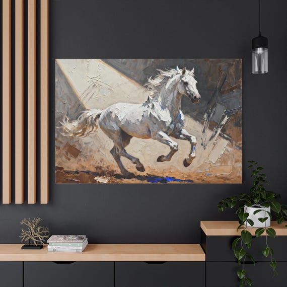 Canvas Print, White Stallion Art, Horse Lover Decor, Animal Wall Art, Equestrian Home Decor, Matte Stretched Painting, 1 25 inch, Gift for