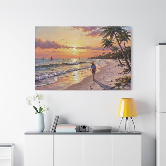 Tropical Beach Sunset Canvas - Woman Walking on Shore Print - Coastal Wall Art - Impressionist Ocean Canvas - Palm Tree Decor - Beach House