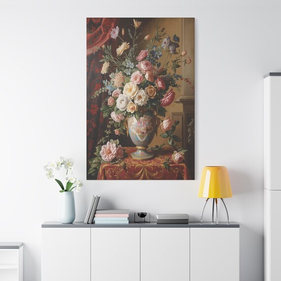 Classic Floral Still Life Canvas - Vintage Vase Painting - Baroque Flower Print - Romantic Peony & Rose Wall Art - Red and Gold Art
