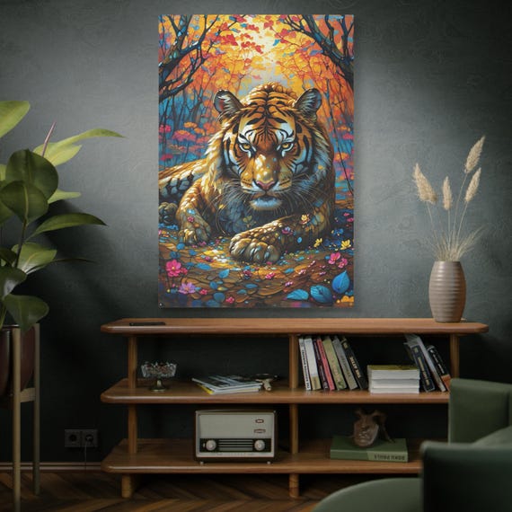 The Shimmering Sentinel, Tiger Canvas print, Wildlife Art, Forest Painting, Nature Artwork, Colorful Decor.