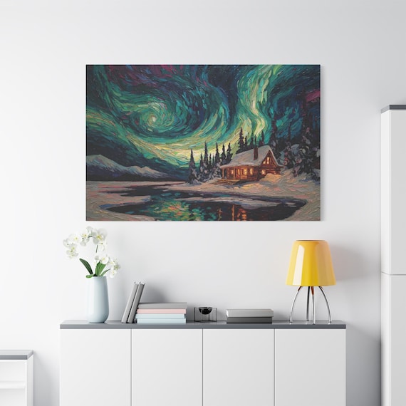 Northern Lights Canvas Print - Impasto Cabin Print - Aurora Borealis Wall Art - Swirling Night Sky Decor - Starry Night Winter Landscape
