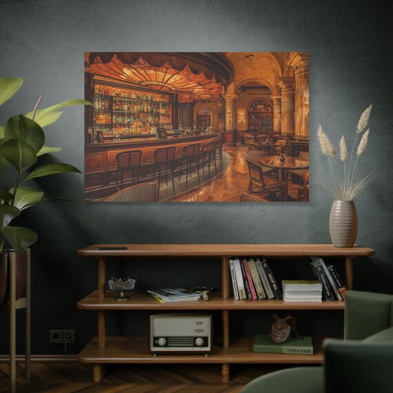 Amber Reflections, Elegant Bar Scene Canvas Art, Stretched Wall Decor, Vintage Bar Print, Home Decoration, Perfect for Living Room or Pub