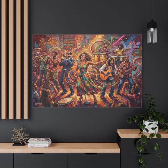 Tropical Latin Band Canvas Print - Salsa Music Art with Female Singer - Colorful Caribbean Orchestra - Musician Decor - Dance Studio Art
