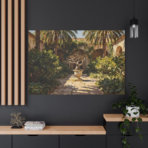 Mediterranean Courtyard, Spanish Courtyard, Tuscan Wall Decor, Palm Tree Art, Old World Charm, Vintage Landscape, Rustic Home Decor