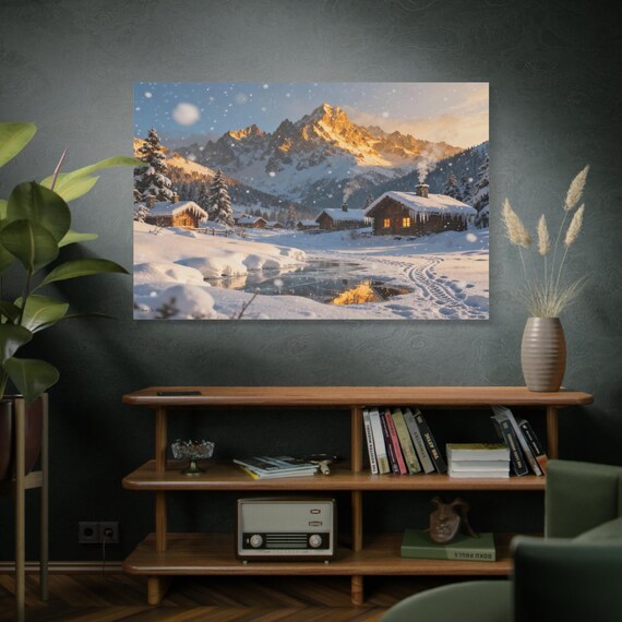 Alpine Hearth, Mountain Cabin Matte Canvas Print, Mountain Print, Christmas Gift, Winter Decor, Snowy Landscape, Cozy Home Art.