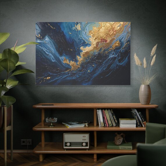 Neptune's Flare, Blue and Gold Abstract, Matte Canvas Print, Modern Canvas, Gold Accent Art, Office Wall Art, Home Decor, Navy and Gold Art.