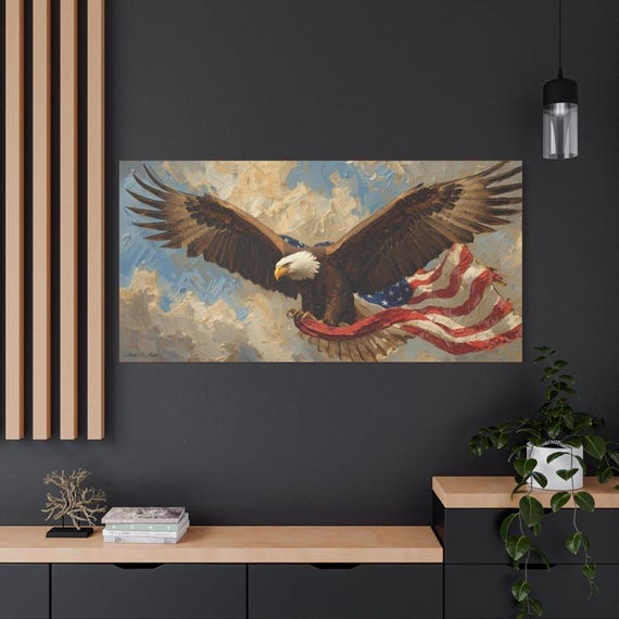 Wings of Liberty, Eagle Canvas Wall Art, Patriotic Home Decor, USA Flag Artwork, Stretched Canvas Print, American Eagle Decoration