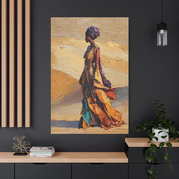 Regal African Woman Canvas - Impasto Desert Print - Afrocentric Wall Art - Colorful Dress Print - Black Woman Decor - Bohemian Art