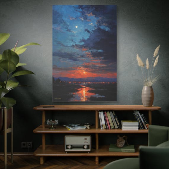 The Double Sunset, Stretched Canvas Art Print - Serene Sunset Reflection, Wall Decor, Home Office Art, Gift for Art Lovers.