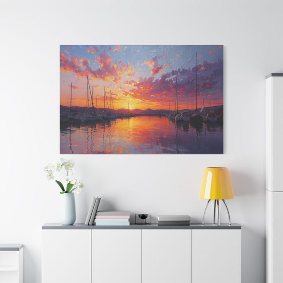 Sunset Harbor Canvas Art, Nautical Home Decor, Coastal Wall Art, Ocean Sunset Print, Beach House Decoration, Gift for Sailors