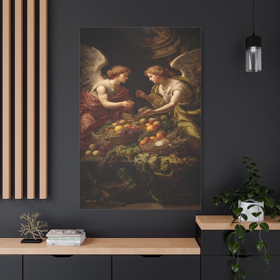 Classical Angel Canvas Print - Renaissance Harvest Wall Art - Baroque Dining Room Decor - Fruit Feast Print - Dark Academia Angel Print