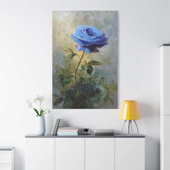 Blue Rose Canvas Print - Impasto Floral Wall Art - Textured Botanical Decor - Romantic Bedroom Art - Shabby Chic Flower Print - 3D Look
