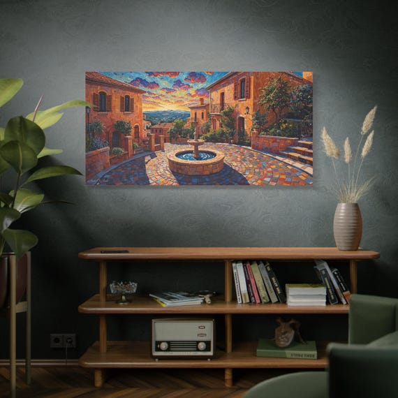 Evening in the Piazza, Artistic Canvas Print,Home Decor, Vibrant Landscape, Italian Village Design, Perfect Gift, Living Room Decor.