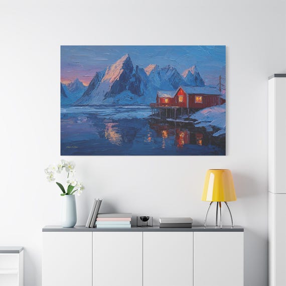 Lofoten Islands Winter Canvas - Norwegian Fjord Print - Impasto Red Cabin Art - Snowy Mountain Landscape - Cozy Nordic Wall Decor