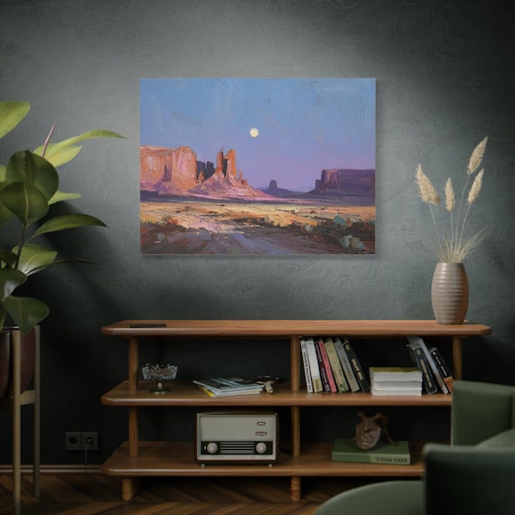 Monument Valley Canvas Print - Pastel Desert Landscape Art - Impasto Southwestern Decor - Purple Mountain Wall Art - Moonlit Desert Canvas