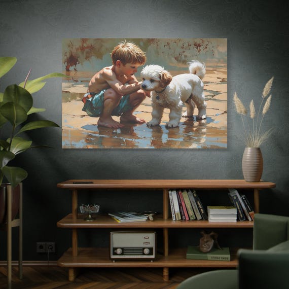 The Puppy and the Boy, Puppy Painting Canvas Print, Matte Stretched Wall Art, Nursery Art, Beach Canvas, Family gift, Summer Artwork.