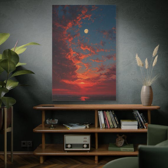 Celestial Inferno, Canvas Wall Art, Sunset Moon Decor, Home Decoration, Art Print, Living Room Decor, Artwork for Gift