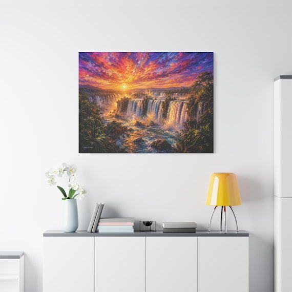 Tropical Waterfall Canvas Print - Impasto Sunset Landscape Wall Art - Vibrant Jungle River Print - Nature Maximalist Decor - Boho Fine Art