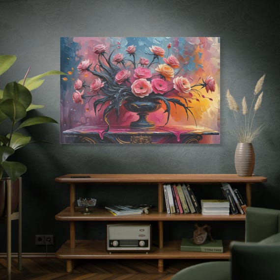 Electric Rose Bloom, Romantic Pink Rose Still Life Matte Canvas, Heavy Texture Print, Maximalist Decor, Moody Floral, Vibrant Still Life.