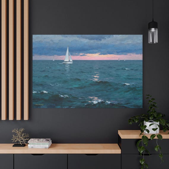 Sailing Boat at Twilight Canvas Print - Moody Ocean Seascape - Teal & Pink Horizon Art - Nautical Wall Decor - Calming Marine Painting