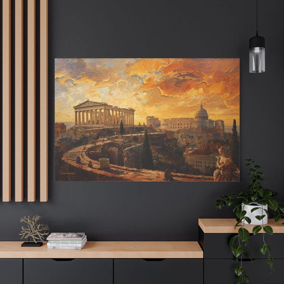 Ancient Greece & Rome Canvas - Classical Architecture Art - Golden Hour Landscape - Impasto History Print - Academia Decor - Parthenon Print