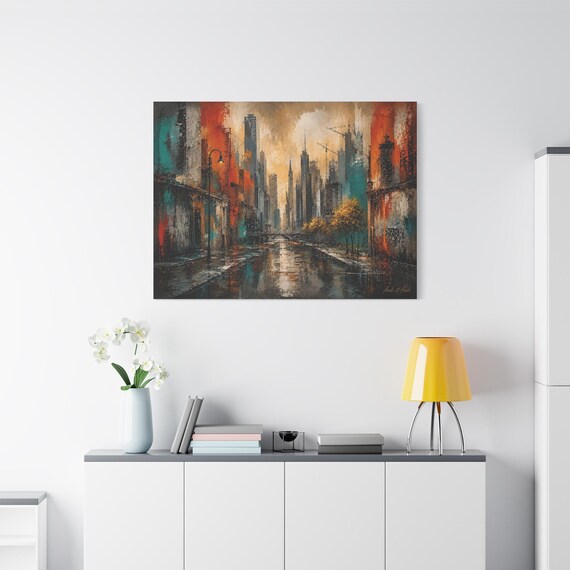 Abstract Cityscape Canvas Print - Teal and Orange Urban Art - Wet Street City Canvas - Impasto Skyline Decor - Industrial Loft Art