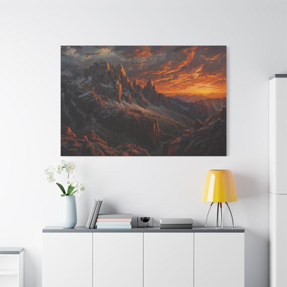 Mountain Sunset Canvas Print - Fiery Sky Landscape Art - Dramatic Peak Canvas - Impasto Nature Decor - Rustic Cabin Wall Art - Orange Sky
