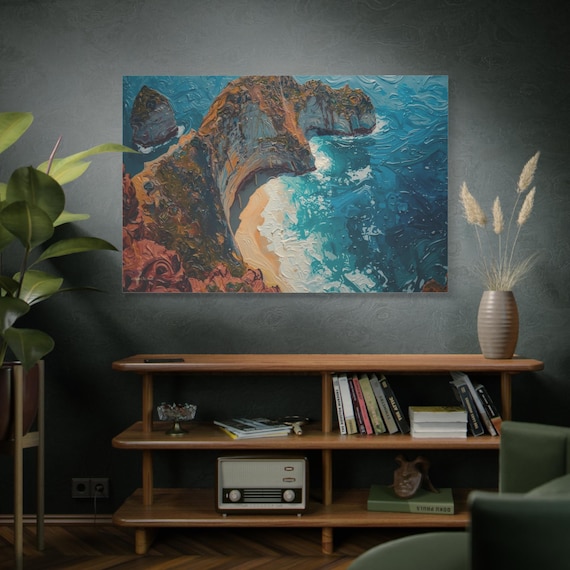 Clash of the Coast: Kelingking View, Coastal Cliff Beach,  Matte Canvas Print, Seascape Decor, Tropical Beach Art, Living Room Art.