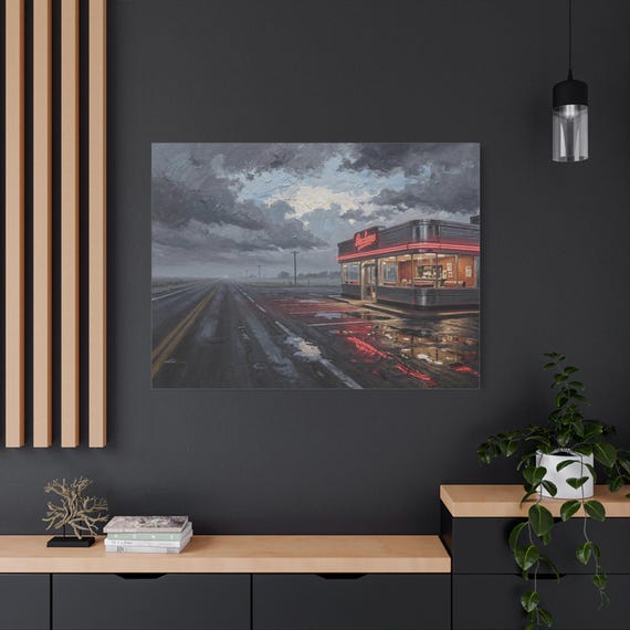 Retro Diner Canvas Print - Moody Americana Wall Art - Impasto Highway Landscape - Neon Light Print - Cinematic Night Decor - Route 66