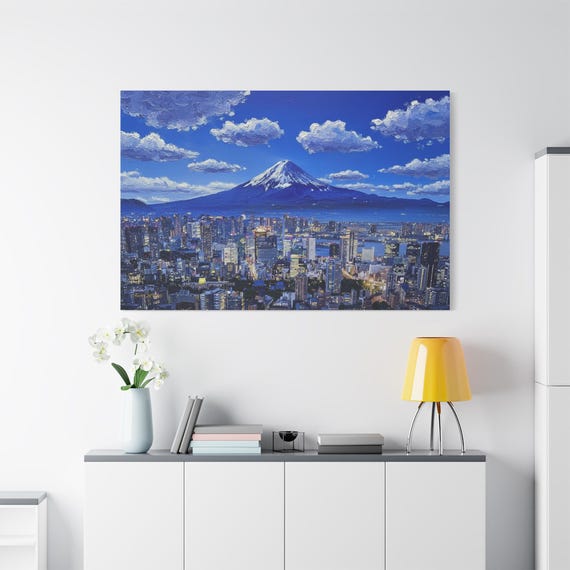 Tokyo Skyline and  Mount Fuji Canvas - Japan Night Cityscape - Impasto Landscape Print - Blue & Gold Office Decor - Modern Travel Wall Art