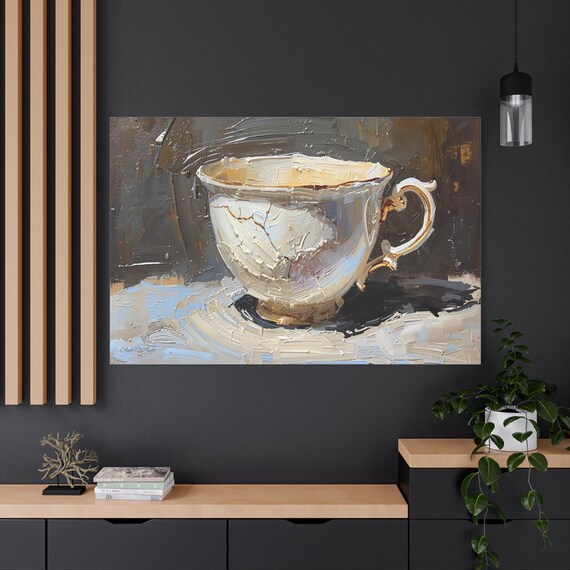 Wabi Sabi Broken Teacup Canvas Print - Kintsugi Style Wall Art, Impasto Still Life Print - Vintage Kitchen Decor - Resilience & Healing Gift