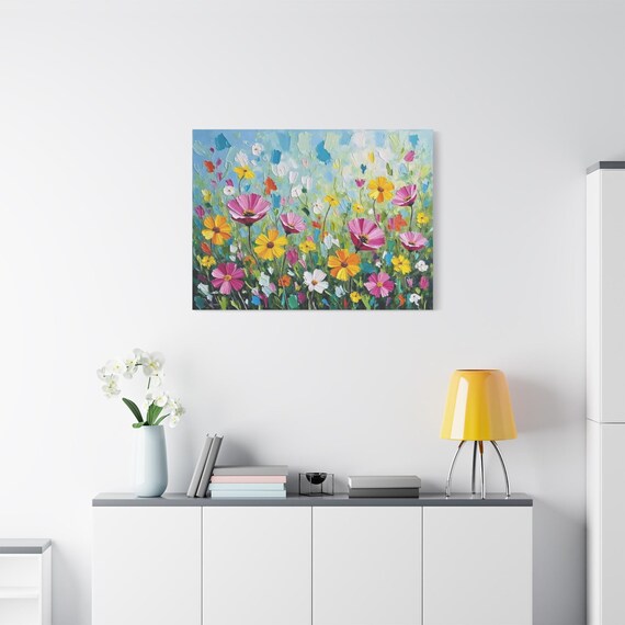 Vibrant Floral Meadow Canvas Print - Impasto Wildflower Wall Art - Colorful Botanical Decor - Spring Flowers Canvas - Cheerful Nature Art