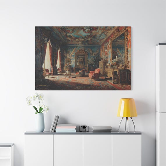 French Palace Interior Canvas - Rococo Wall Art - Royal Baroque Painting - Maximalist Decor - Versailles Style Print - Gilded Age Art