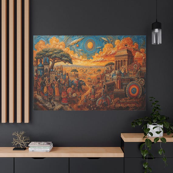 Mythical African City Canvas Print - Ancient Civilization  Art - Afrocentric Fantasy Landscape - Impasto Gold & Blue Decor - Large Wall Art