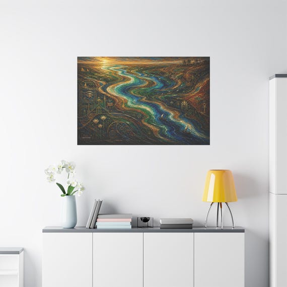Abstract River Canvas Print - Ancient Egypt Wall Art - Nile Landscape Canvas - Impasto Egyptian Decor - Maximalist Boho Fine Art Canvas