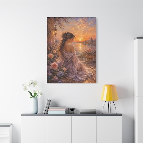 Romantic Sunset Canvas Print - Impasto Coastal Balcony Art - Elegant Woman Canvas - Shabby Chic Decor - Mediterranean Floral Wall Art