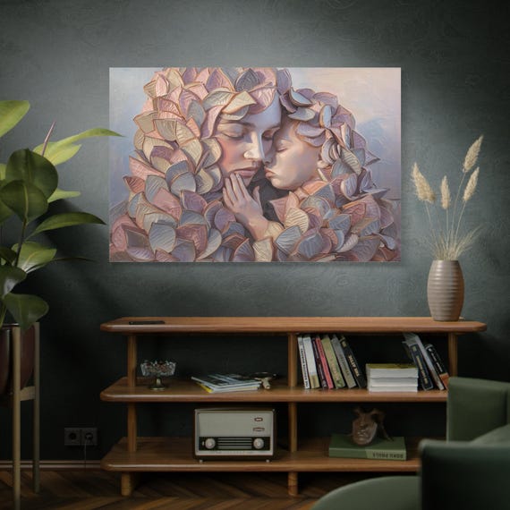 Petal Embrace, Mother and Child Embrace Canvas Print,  Stretched Matte Canvas, Nursery Artwork, Home Gallery, Sentimental Art.